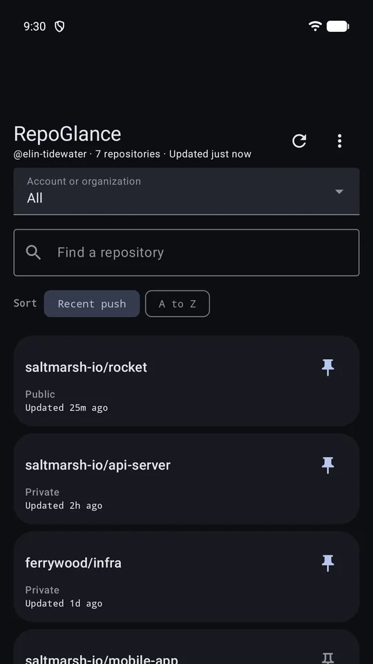 The RepoGlance catalog: made-up repositories under fictional owners, pinned ones first, with the account filter, search and sort