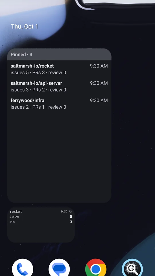 A Pixel home screen with the RepoGlance Pinned repos widget listing three made-up repositories and the compact Repository widget below it, each row with the time of its data and its open issue and pull request counts