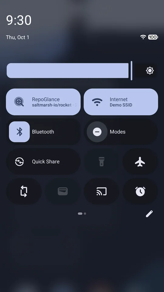 The Quick Settings panel with the RepoGlance tile reading the latest push to a made-up repository