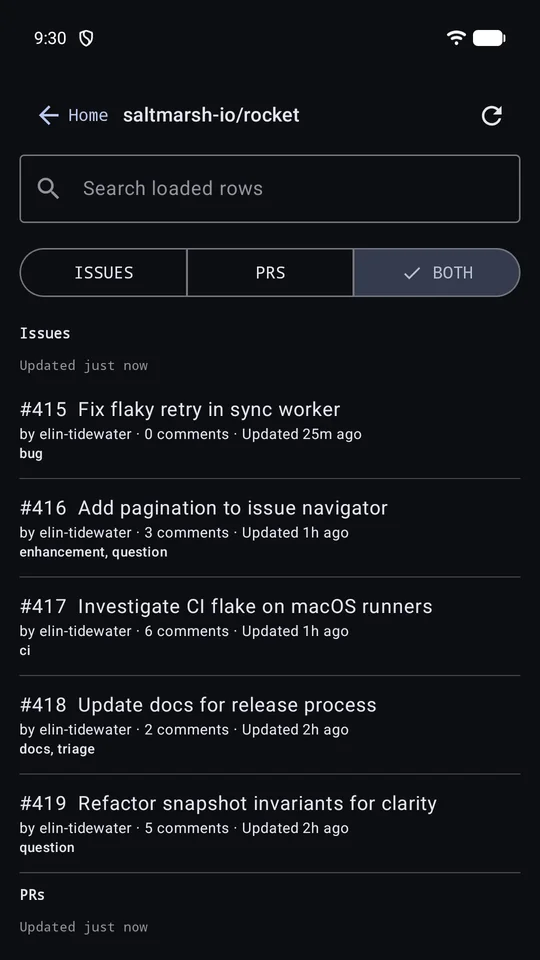 A made-up repository in RepoGlance showing its open issues and pull requests in one list, with authors, labels and ages